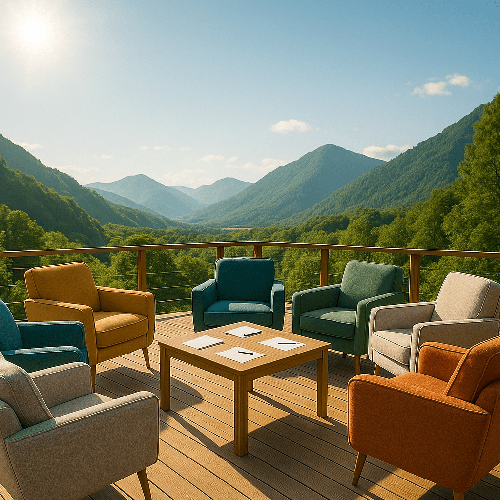 Réunion en plein air avec un paysage de montagne